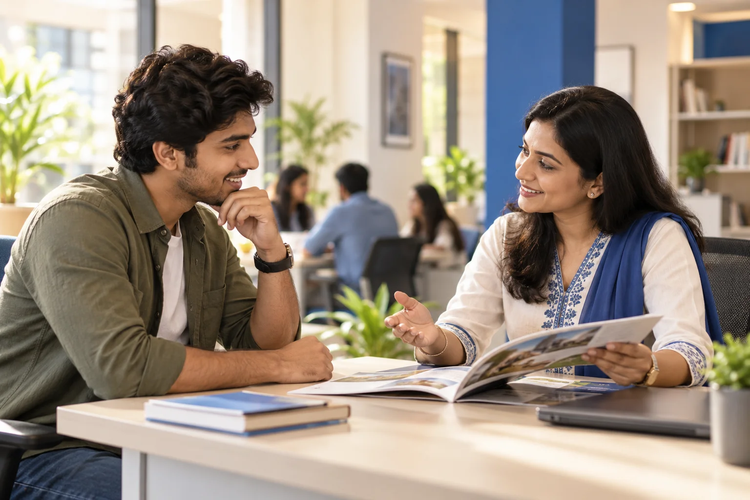 Illustrative scene: Course counsellor discussing study options with an adult learner.