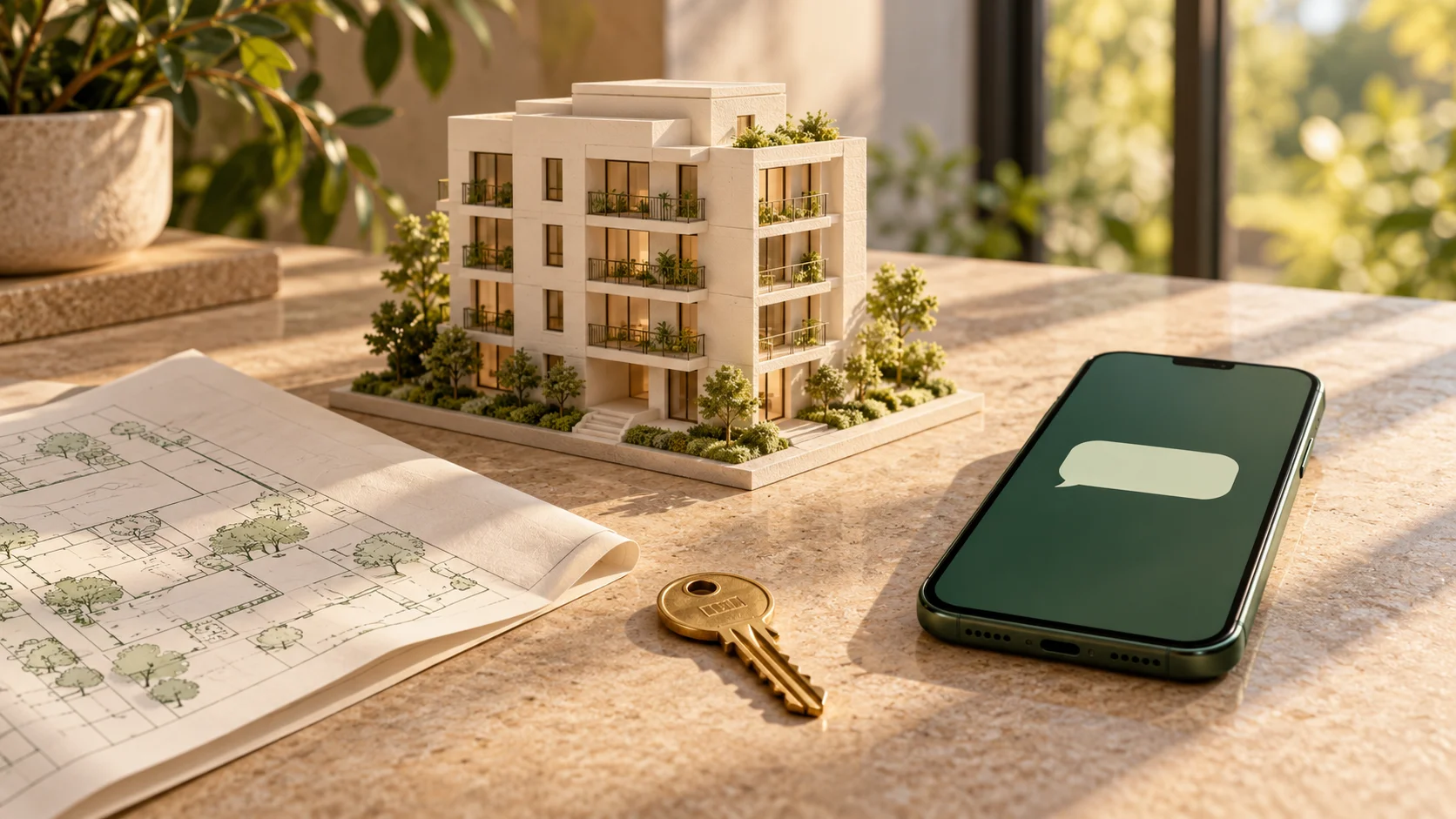 Illustration of an apartment model, house key, site plan and a phone with a blank chat bubble on a sunlit desk.