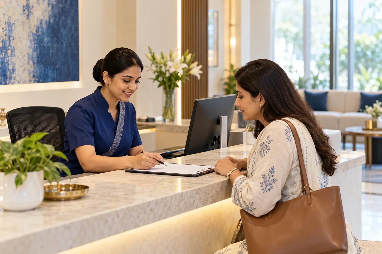 Illustrative scene: Clinic receptionist discussing an appointment with an adult visitor.