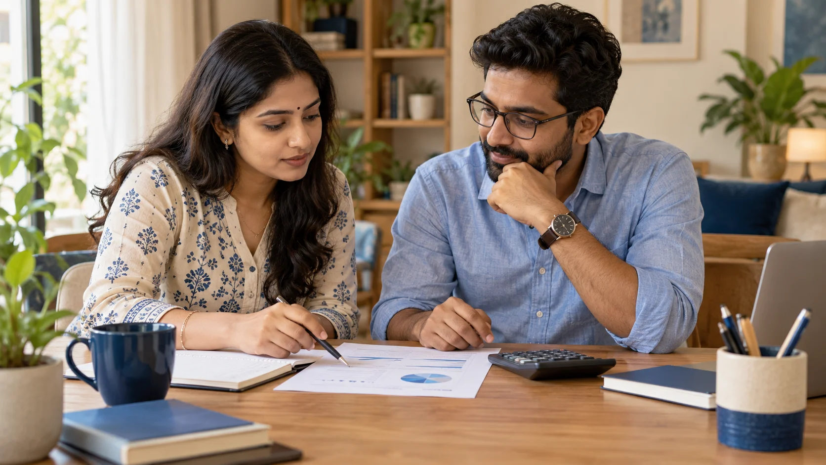 Illustrative scene of two Indian business partners reviewing a monthly budget with a calculator and notebook.