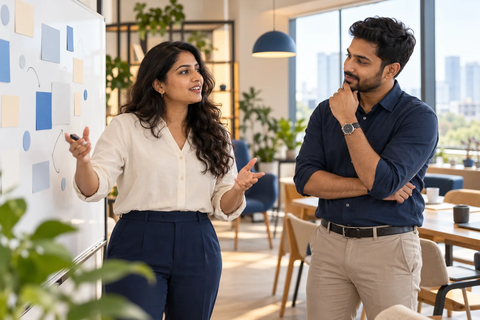 Illustrative marketing and sales colleagues discussing an enquiry workflow.