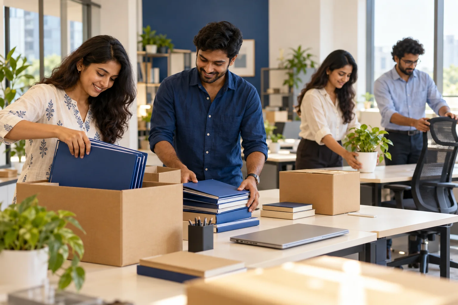 Illustrative scene: Operations colleagues organising folders during a workspace setup.