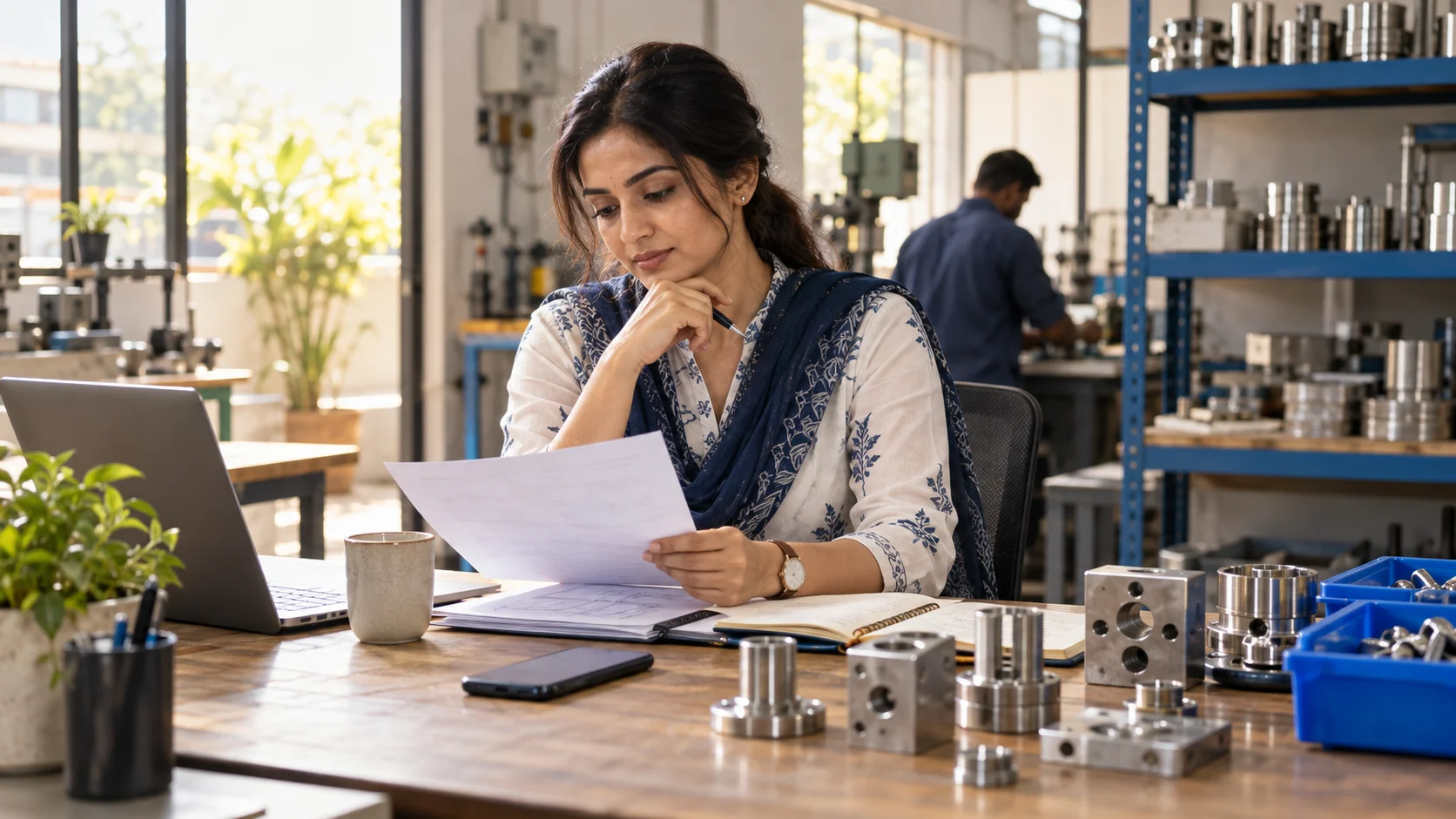 Illustrative scene of an Indian sales manager reviewing a quotation beside industrial components.