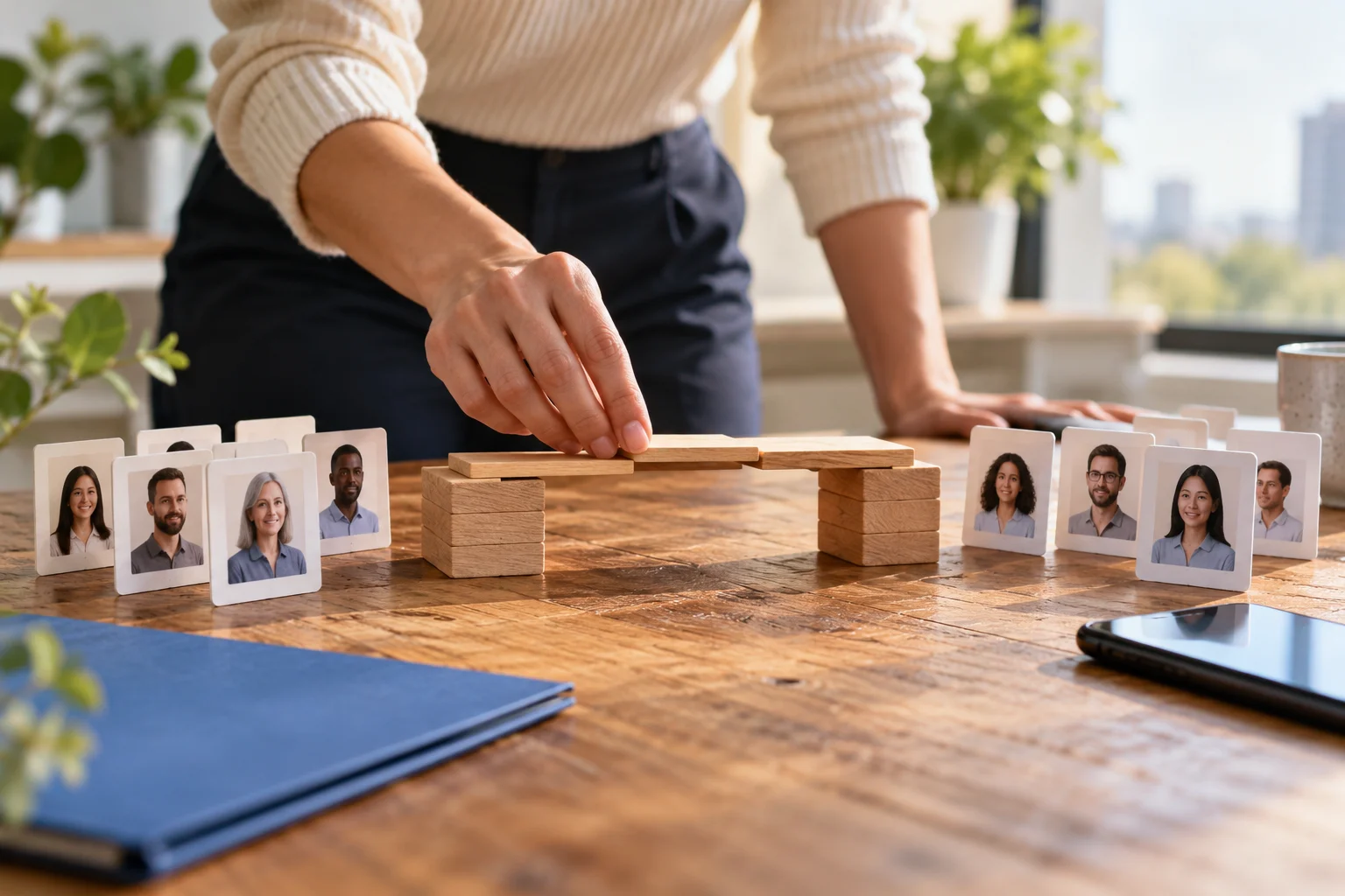 Illustrative wooden bridge connecting two neatly arranged groups of customer record cards.