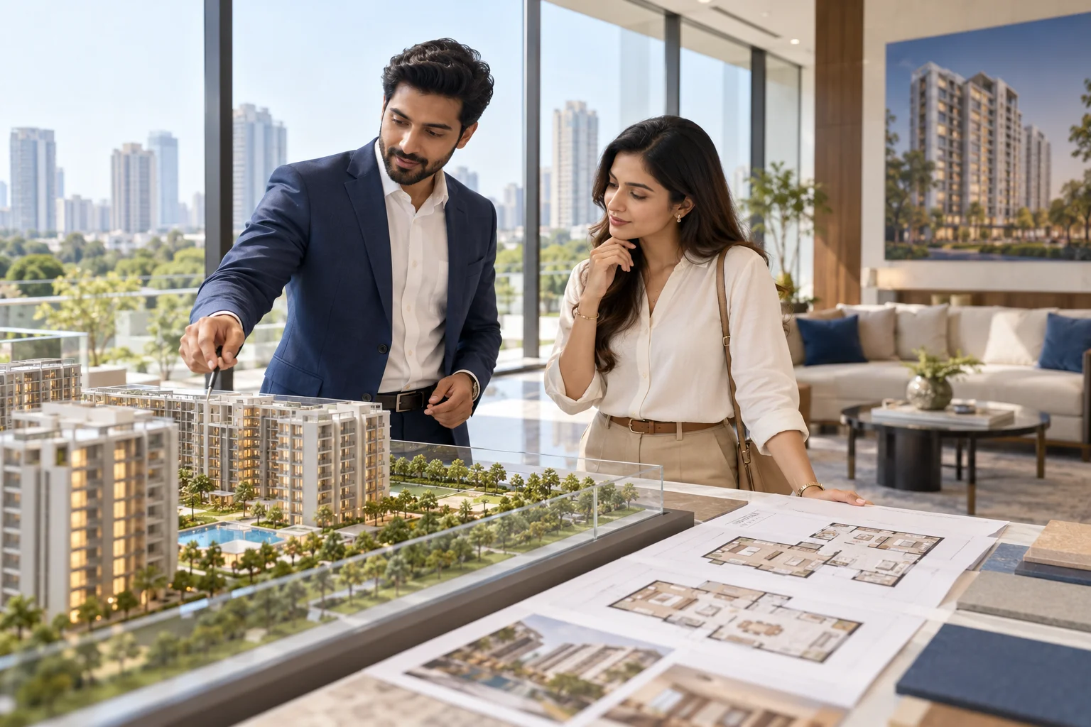 Fictional property adviser discussing a model apartment with prospective buyers.