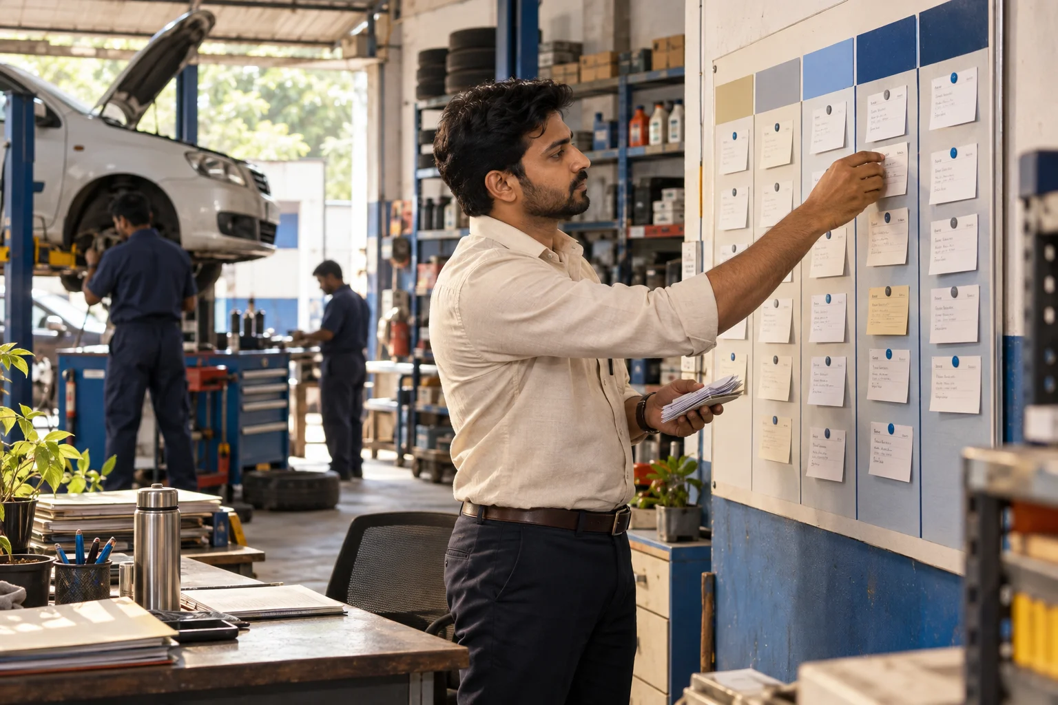 Illustrative workshop manager organizing customer cards on a five-column wall board.