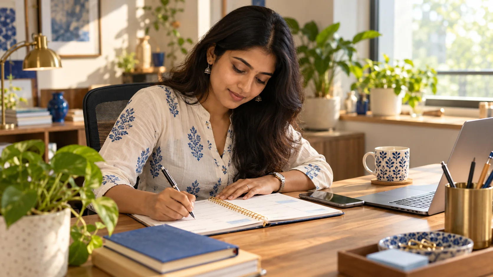 Illustrative scene of an Indian sales coordinator planning follow-ups in a paper diary at a sunlit desk.