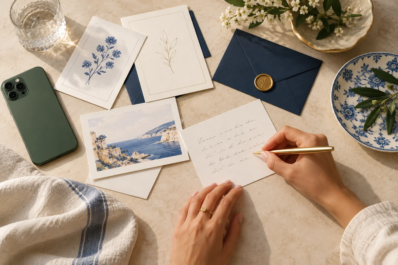 Illustrative scene: Phone beside invitation cards and a personal note on an ivory desk.