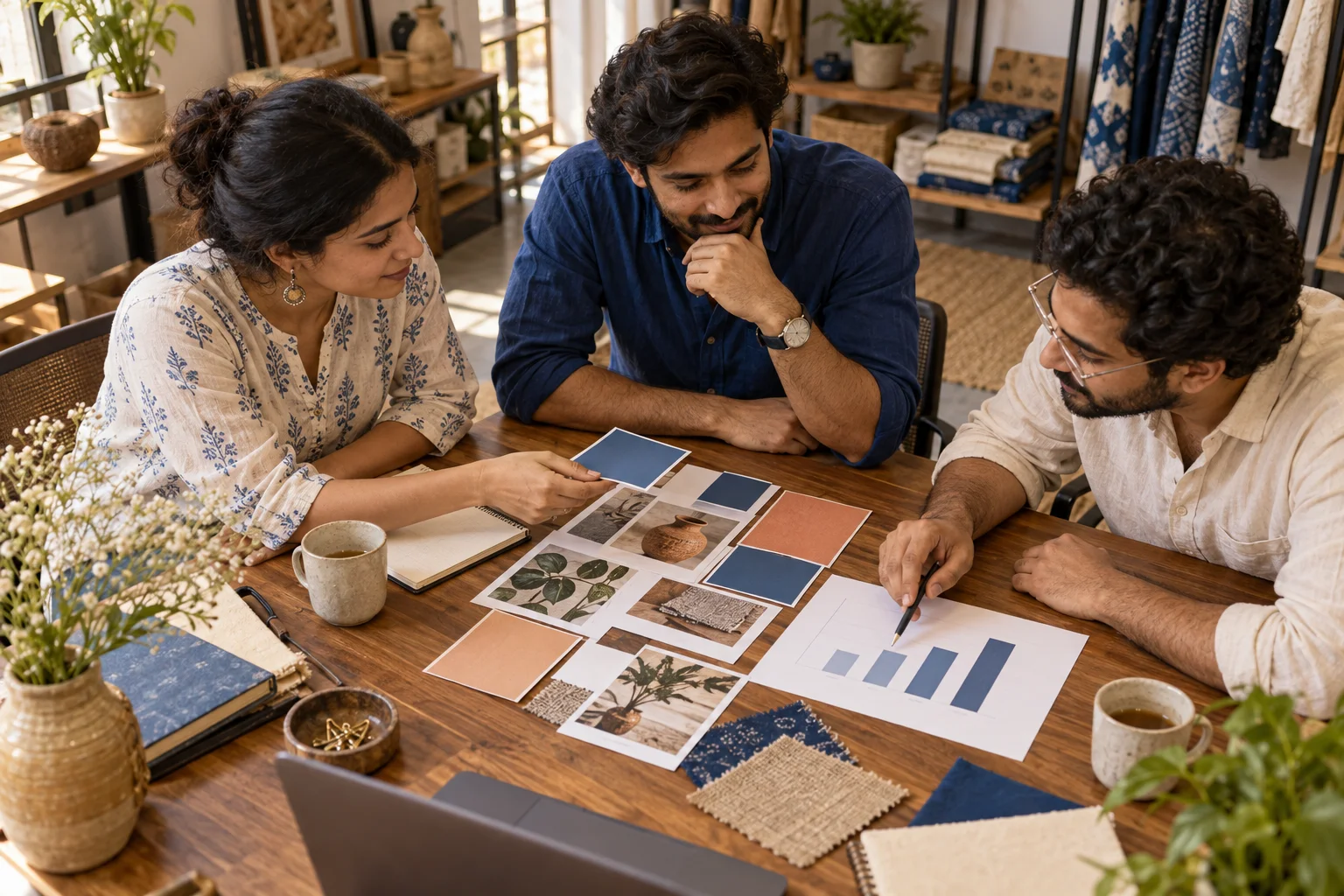 Illustrative business partners reviewing campaign cards and a simple comparison chart.