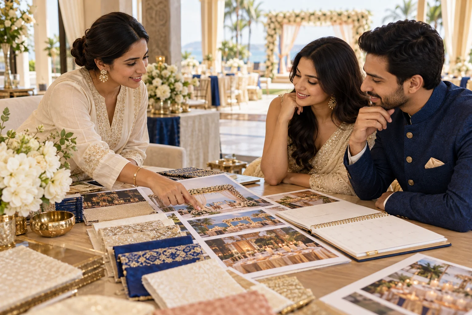 Illustrative scene: Wedding planner reviewing venue and fabric options with a couple.
