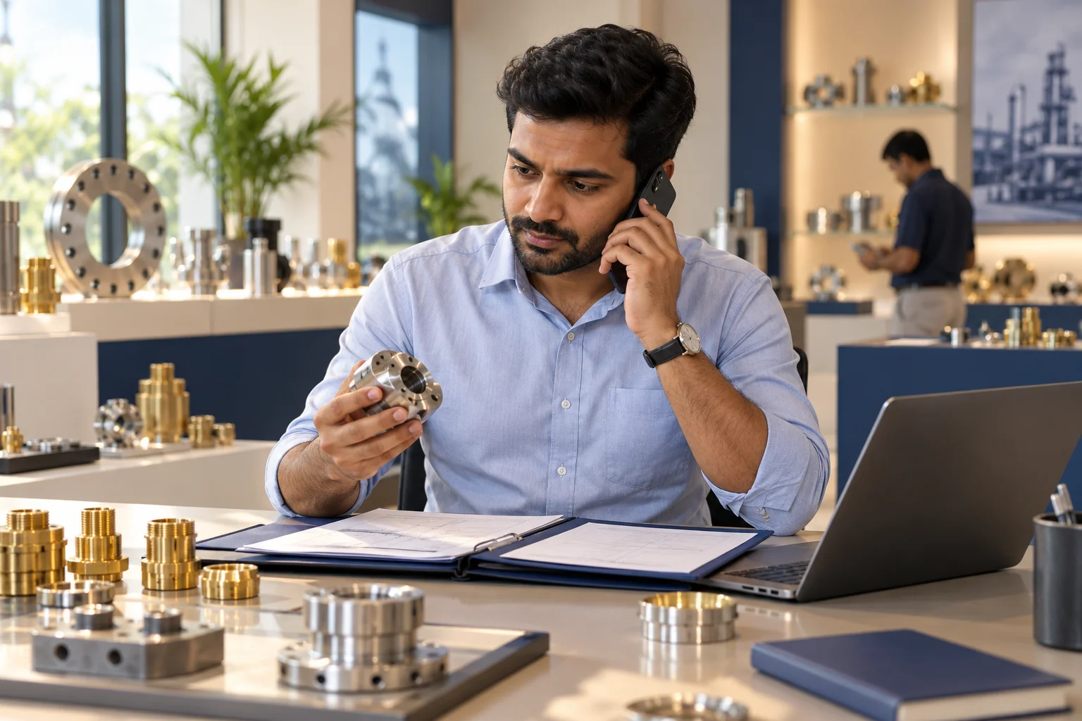 Fictional industrial supplier reviewing an equipment enquiry in a workshop office.